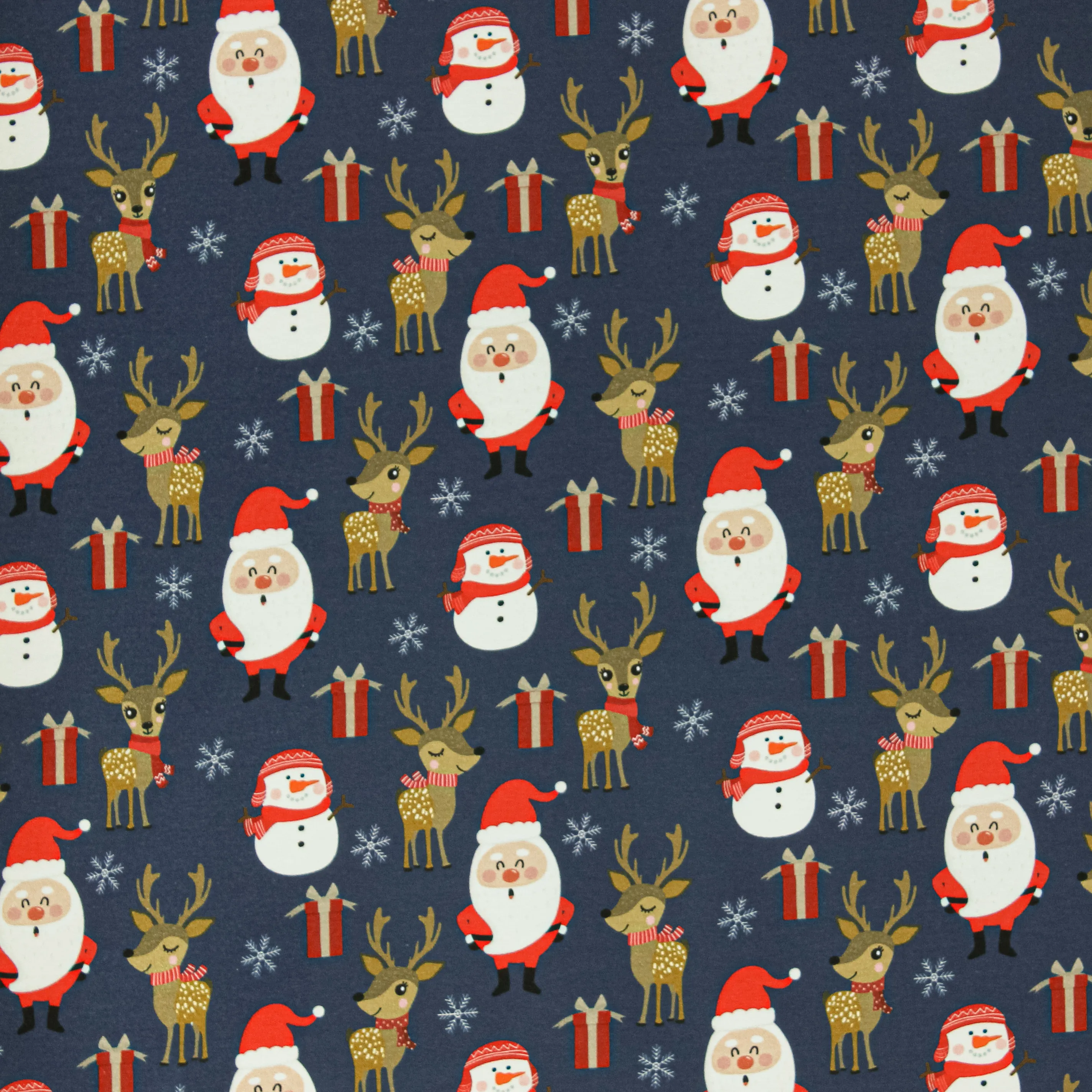 Zachte french terry navy blauw met kerstfiguren